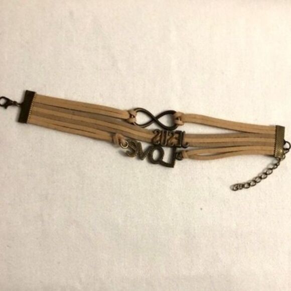 Love Jesus Infinity Tan Vegan Leather Wrap Charm Bracelet - Picture 2 of 4